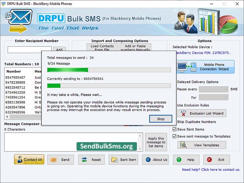Send Bulk SMS BlackBerry software