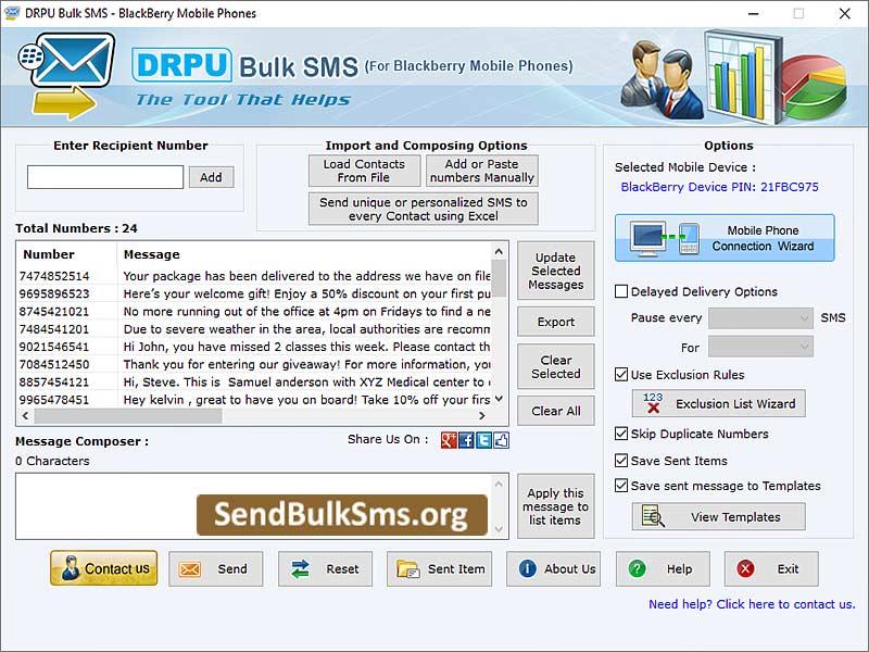 Send Bulk SMS for BlackBerry Mobile software